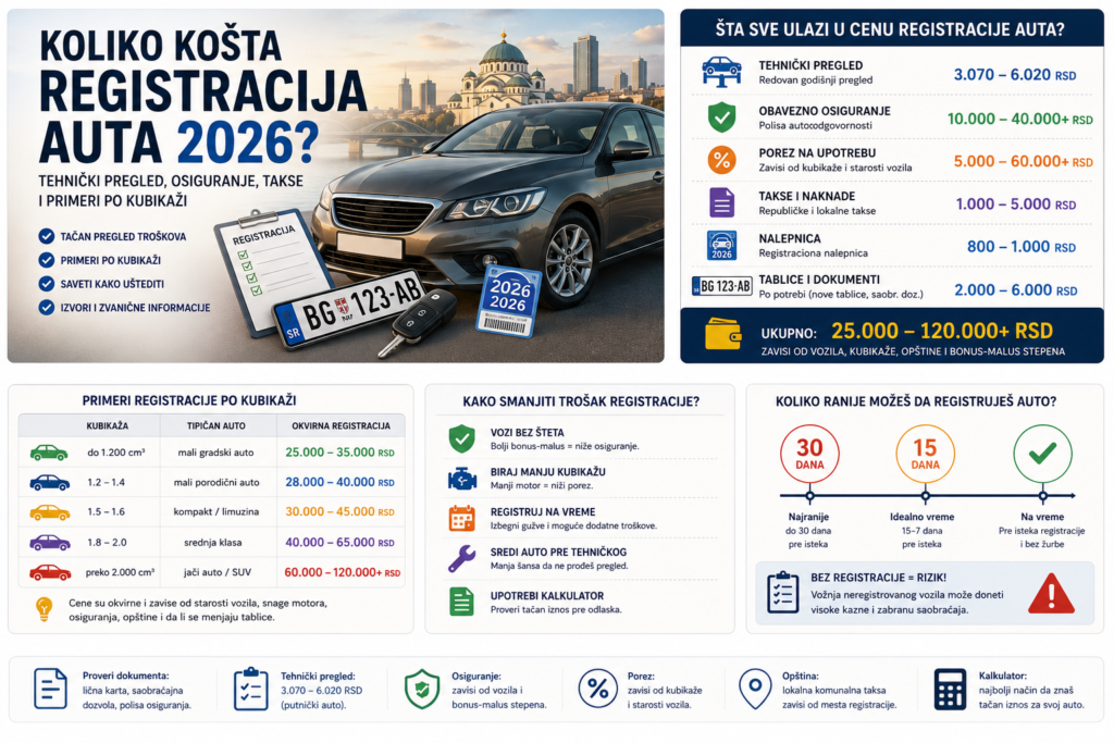 Koliko košta registracija auta 2026 - tehnički pregled, osiguranje, takse i primeri po kubikaži