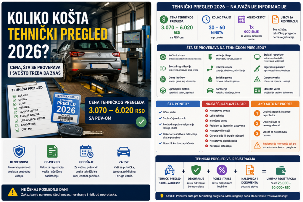 Koliko košta tehnički pregled 2026 - cena tehničkog pregleda auta u Srbiji i šta se proverava
